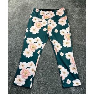 Cali Leggings Women L Workout Polyester Blend Mid Rise Pull On Floral Green Pink